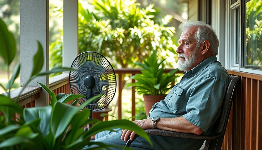 Senior man cooling off with fan on porch surrounded by plants.