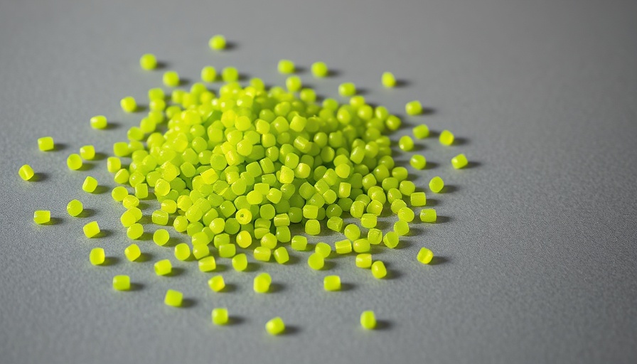 Lime green plastic pellets on a gray surface, highlighting recycled plastics chemical risks.