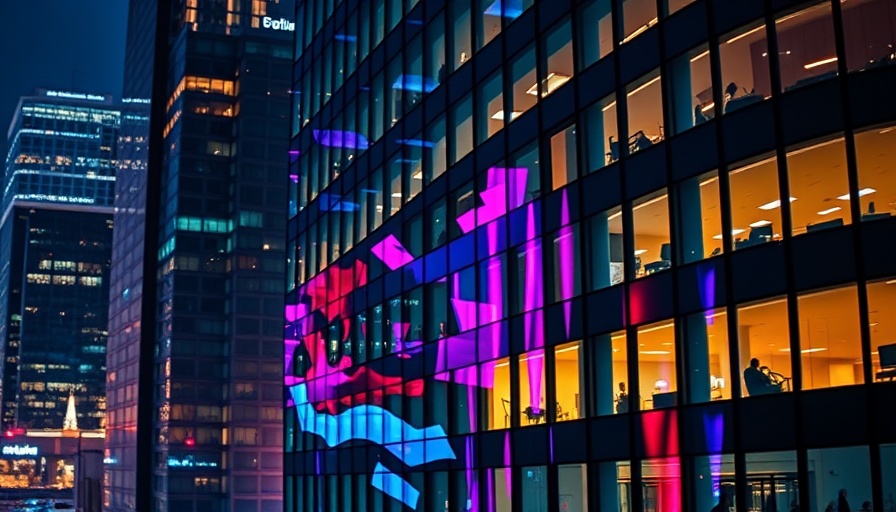 Vibrant office building in colorful night scene, resource scarcity in the Netherlands.
