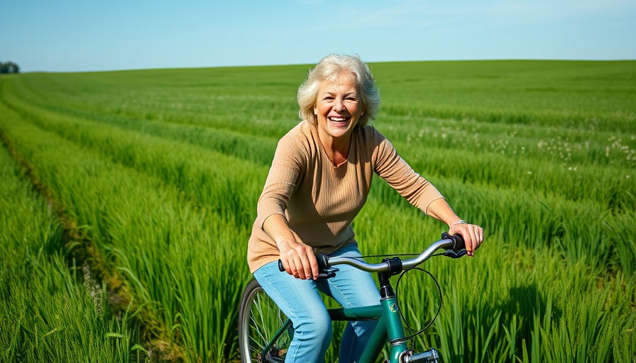 Older woman cycling in nature symbolizing sustainable mind and mental health