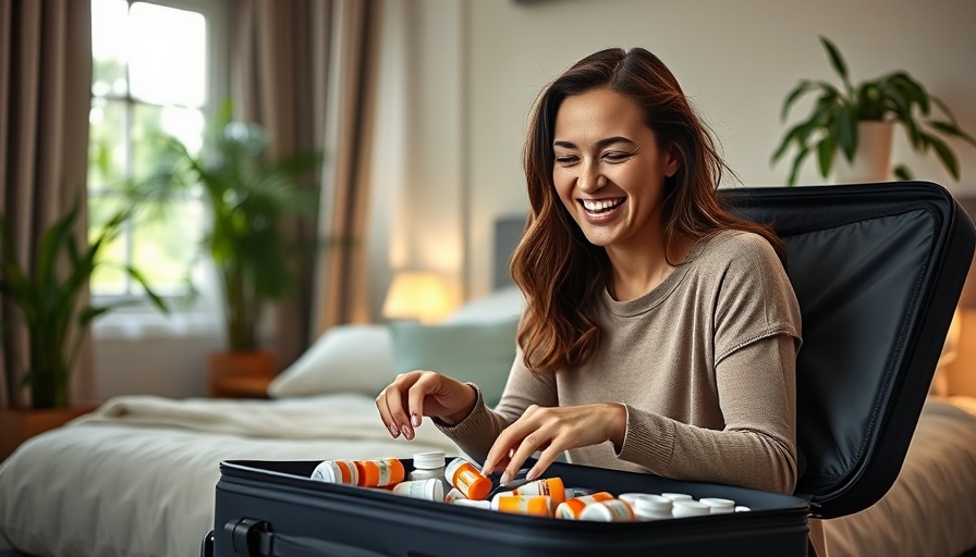 Woman packing prescription medications for travel in a sunny room.