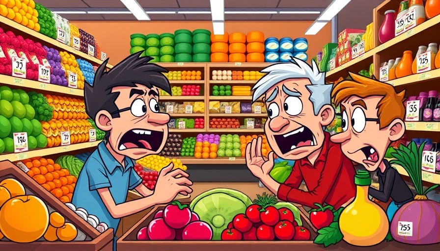 Colorful cartoon on food security and national stability with supermarket argument.