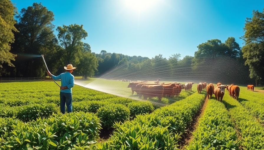Farmer irrigating a field with a sprinkler to protect livestock during extreme heat.