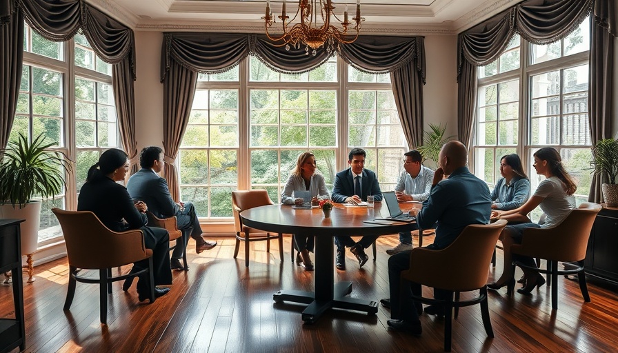 Business executives discuss AI infrastructure requirements for businesses in elegant room.