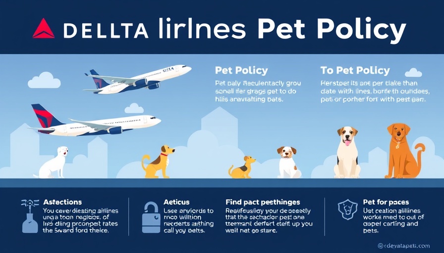 Stylized Delta Airlines pet policy infographic with icons.