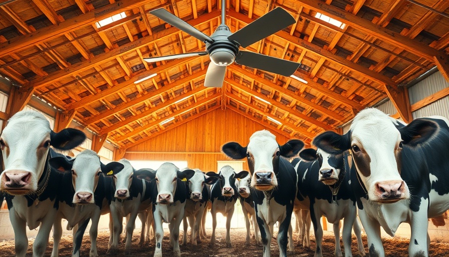 Barn with cows and fan illustrating heat stress effects on calves.