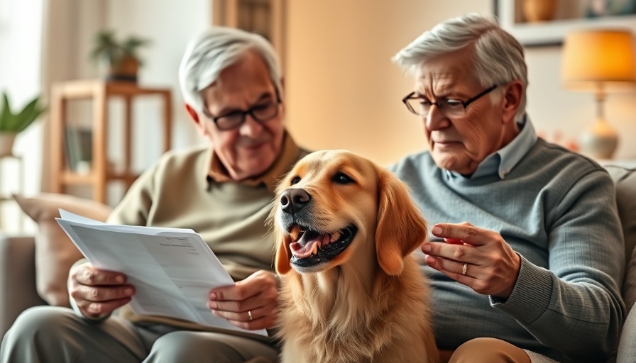 Happy older couple reviewing pet insurance, cheerful retriever nearby