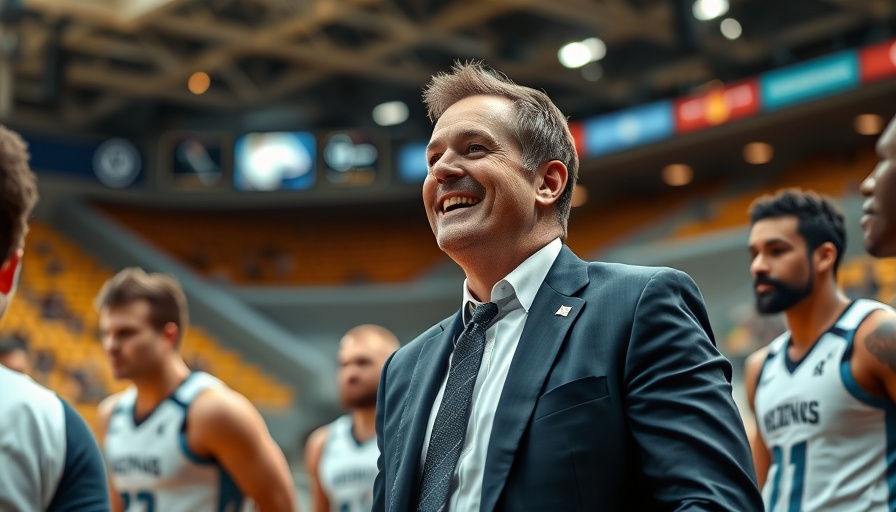 Energetic coach smiling in sports stadium, Lindsey Hunter coaching high school basketball.