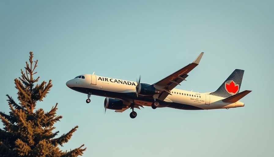 Air Canada plane approaching landing, blue sky, tree foreground