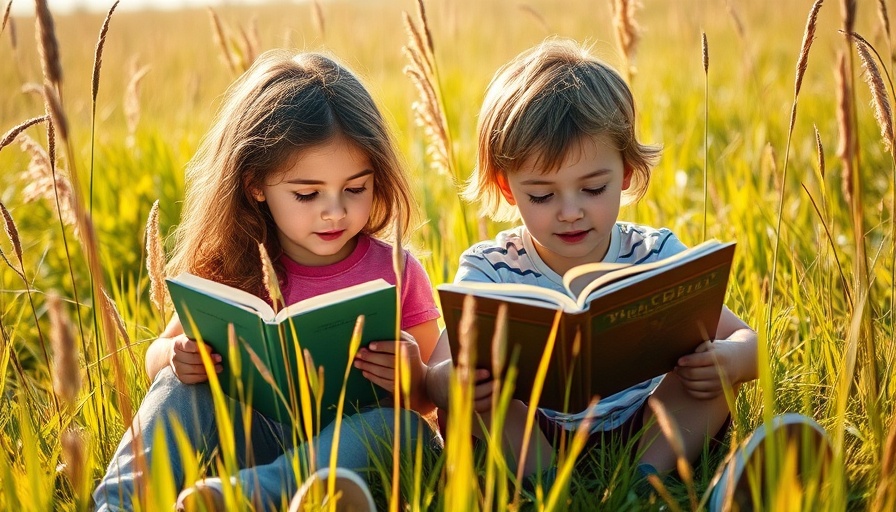 Kids reading books in tall grass, keeping brains stimulated this summer.