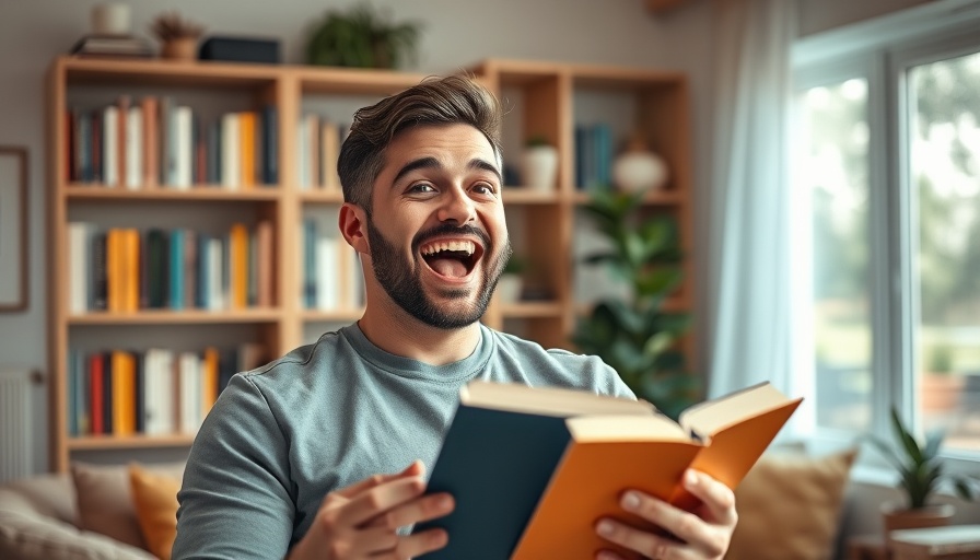 Enthusiastic man holding books and smiling, discussing mental health.