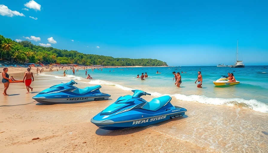 People enjoying a beach vacation for mental health with jet skis and water activities.