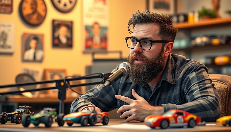 Man discussing NASCAR scheduling in podcast studio with toy cars.