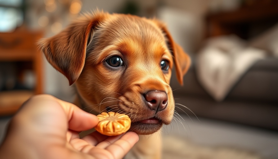 Adorable puppy eagerly eating a treat indoors.