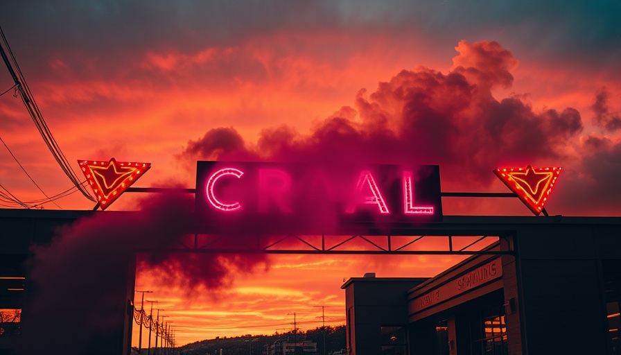 Dramatic neon entrance under smoky orange sky, symbolic of toxic workplace culture.
