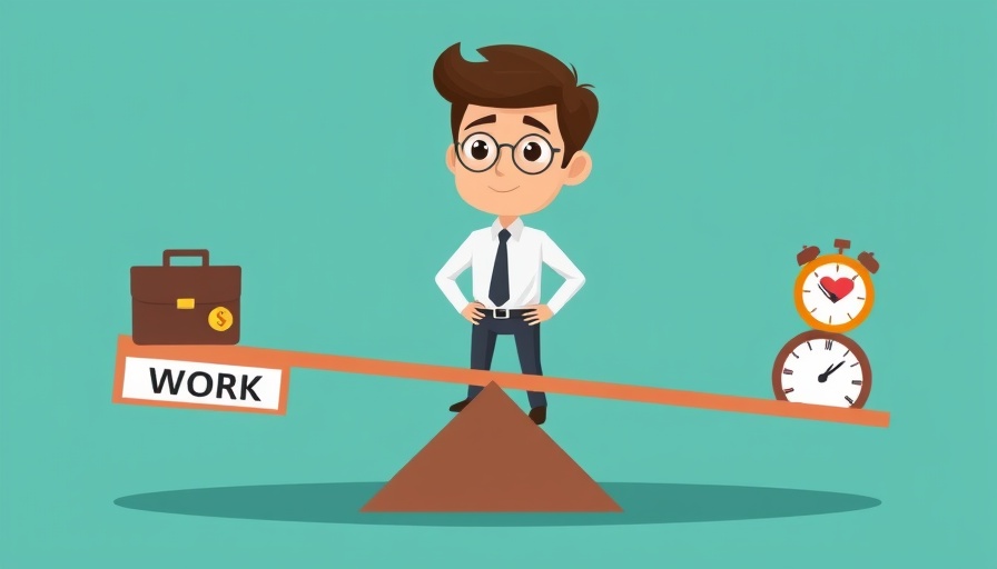 Cartoon man balancing work and life on seesaw, India work-life balance concept.