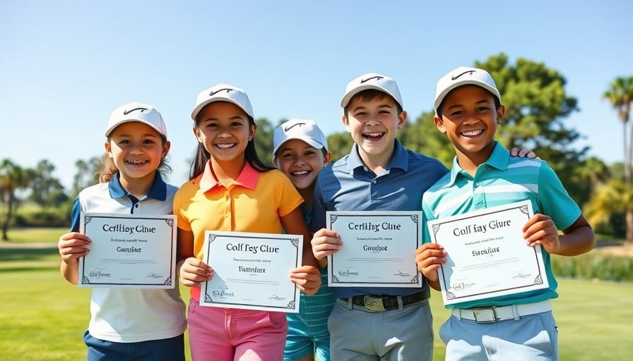 Junior Golf Clinics participants proudly displaying certificates on a golf course.
