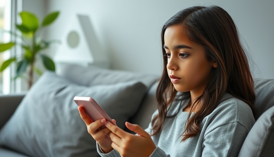 Thoughtful girl on carpet using smartphone, online safety awareness.