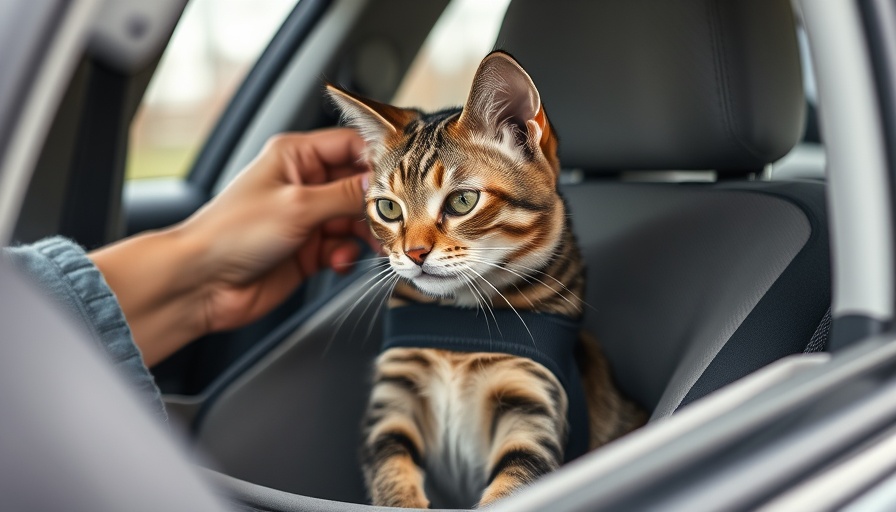 Tabby cat safely secured in a car seat with a harness.