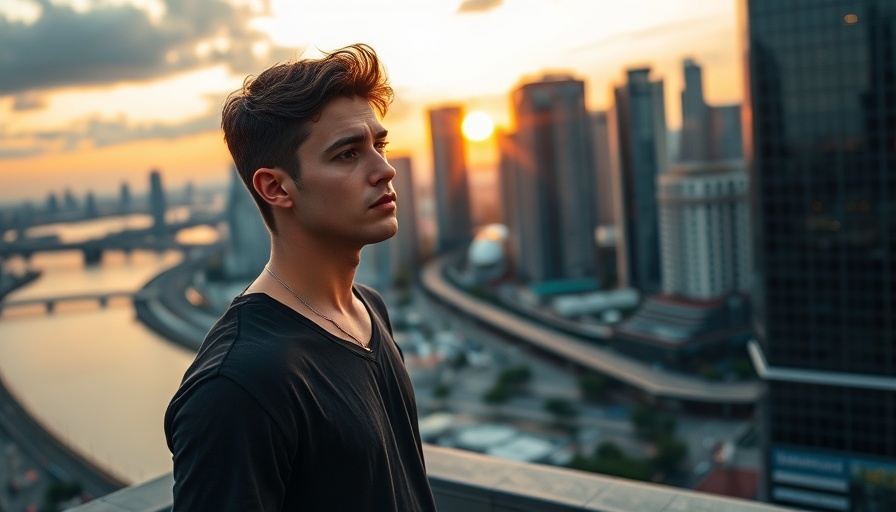 Man on rooftop at sunset, cityscape in background.