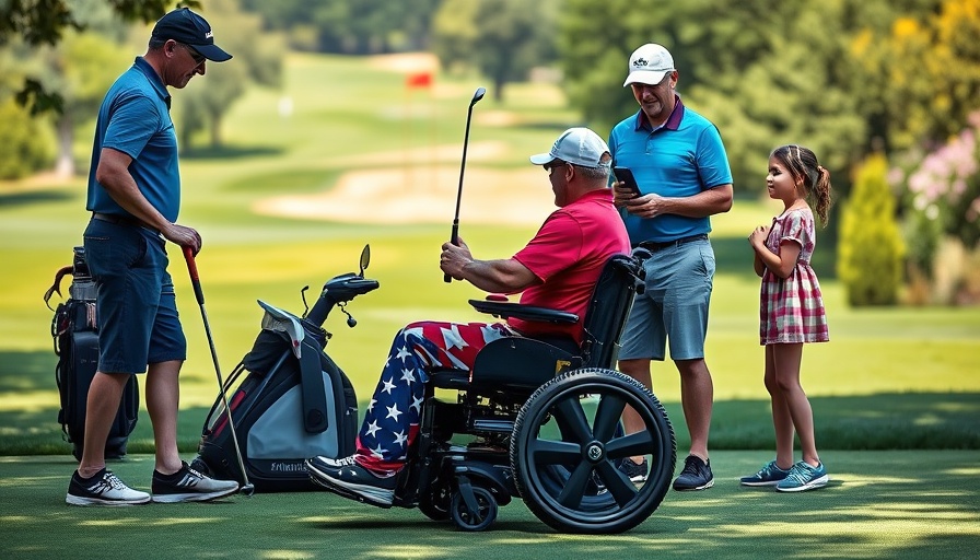 AdapTee Golf event with paralyzed athlete on green, vibrant scene.