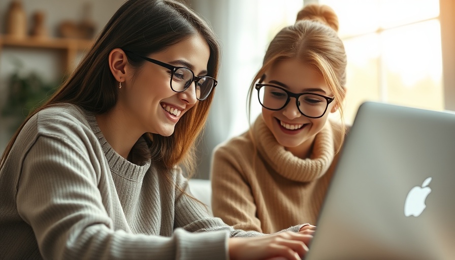 Happy girl and mother discussing internet safety by laptop, cozy room
