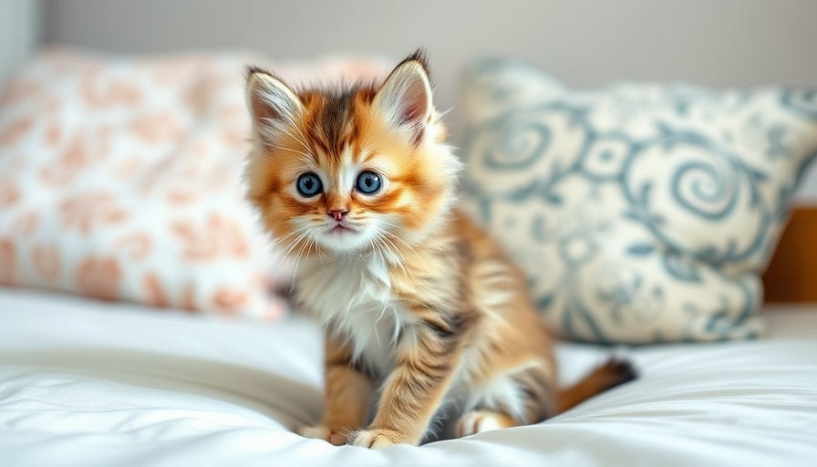 Adorable kitten sitting on bed, highlighting Rayan Air Airlines pet travel.