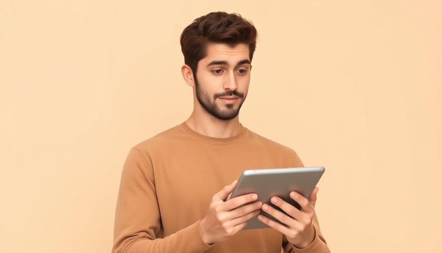 Young man intrigued by tablet use, reflecting social media interest.