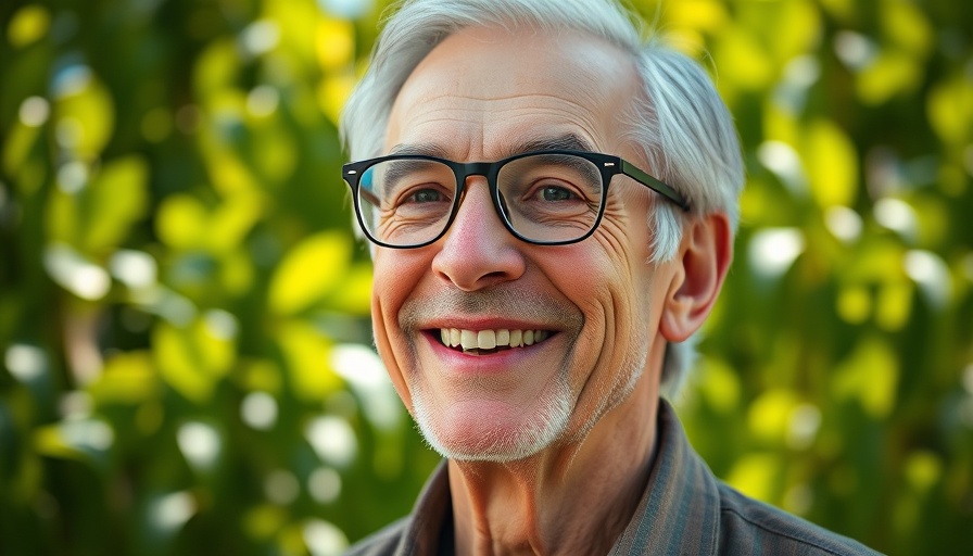 Smiling older man outdoors, lush green background. Klimaatneutraal glastuinbouw.
