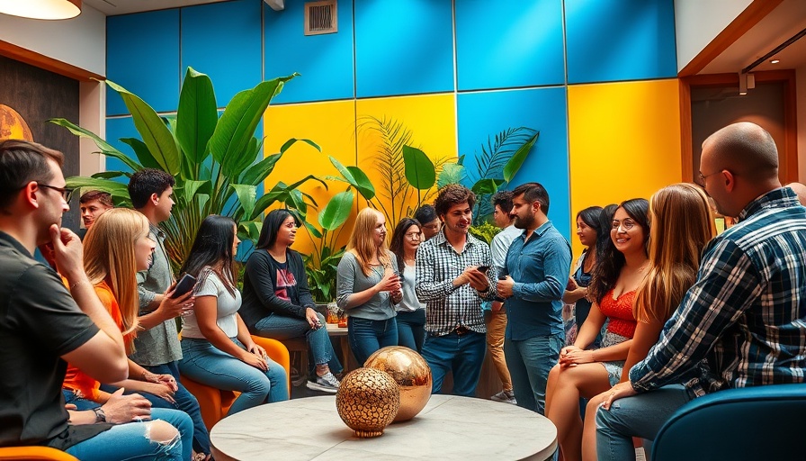 Casual conversation scene, vibrant indoor lounge.