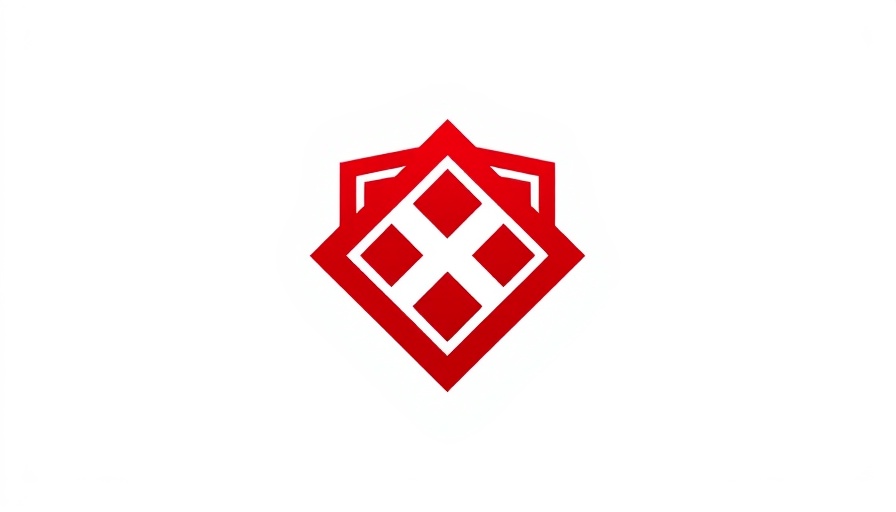 Minimalistic logo design of a red shield with diamonds.