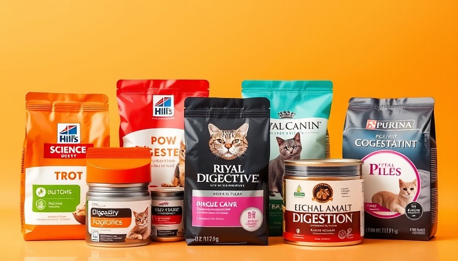 Assortment of sensitive stomach cat food products displayed on orange background.