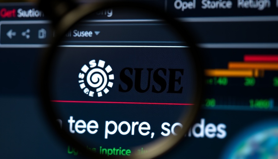 SUSE Sovereign Premium Support website magnified with stock data background.