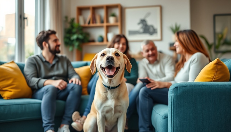 Group discussing pet dental health with a happy dog in a living room.