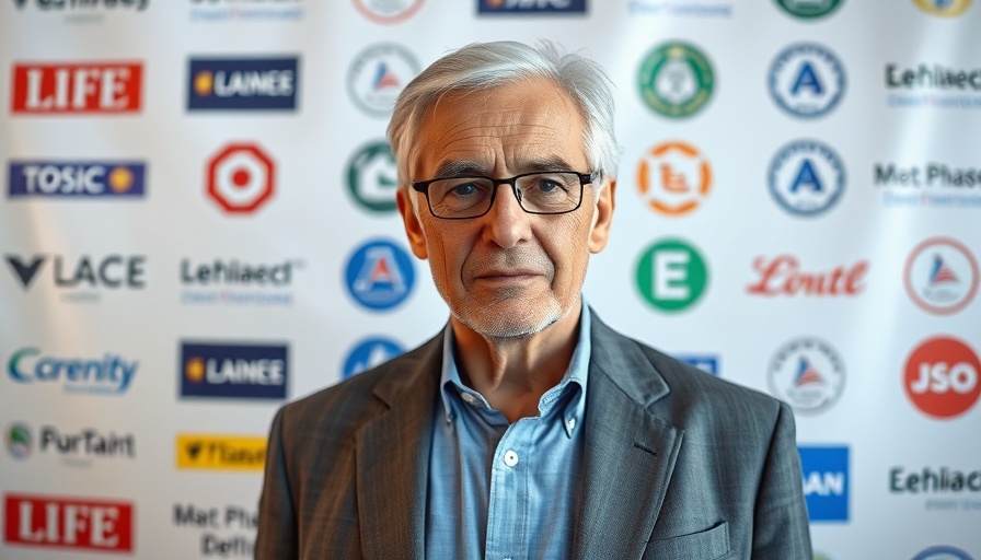 Distinguished older man in front of branded backdrop, neutral expression.