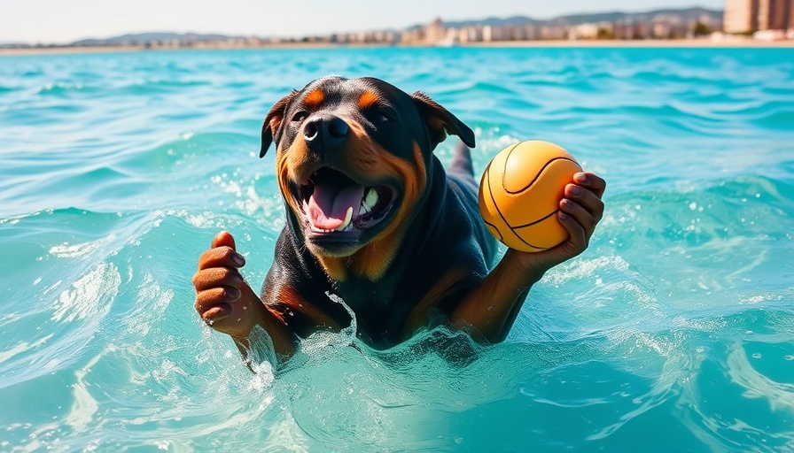Playful Rottweiler swimming with a toy, avoiding pet travel mistakes.