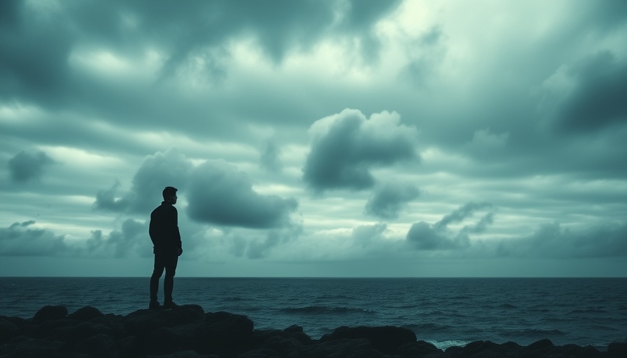 Figure standing on rocky shore with dramatic clouds.