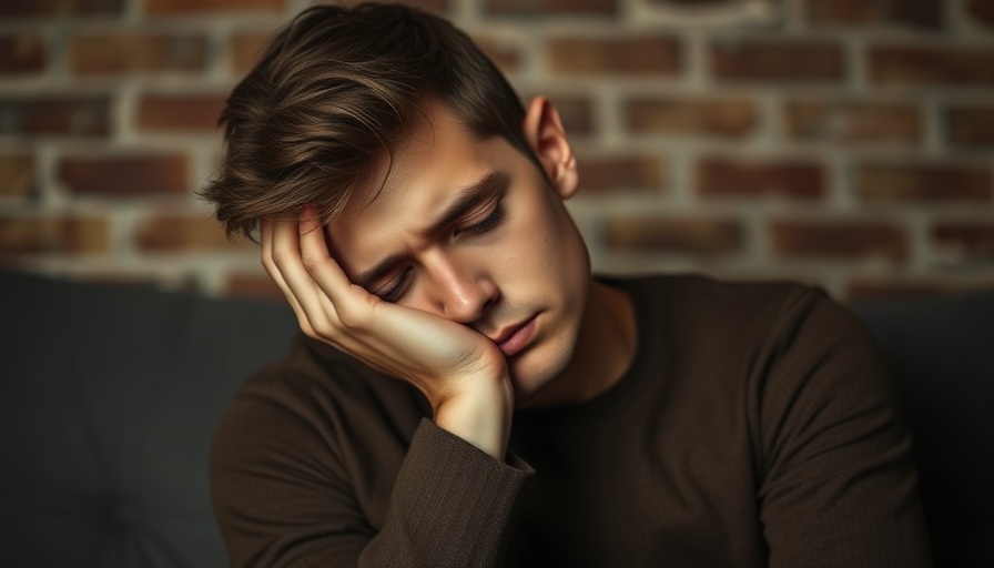 Fatigued young man resting on couch with tired expression.
