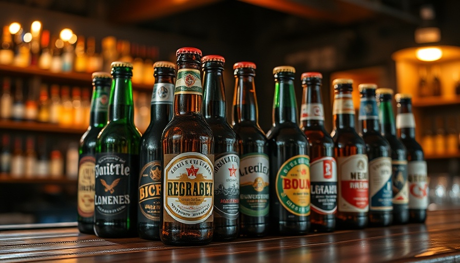 Assorted beer bottles in a dimly lit bar symbolize stress drinking.