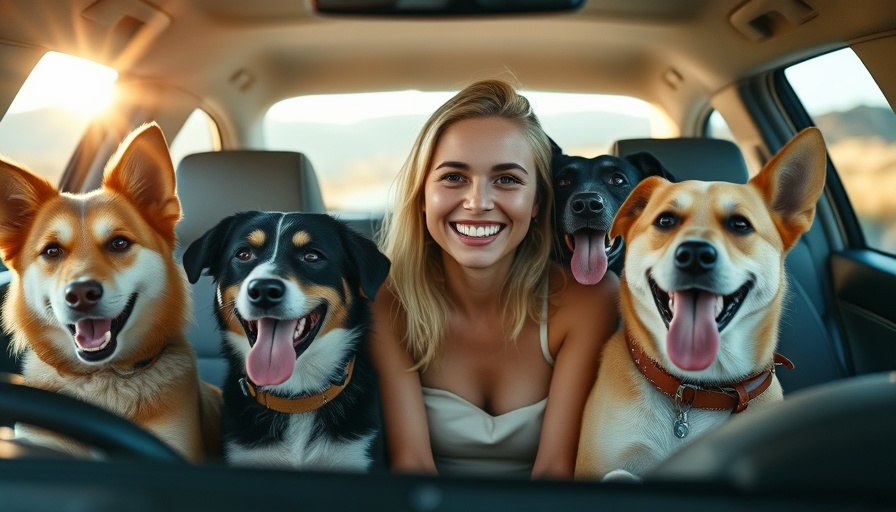 Traveling with pets: happy woman and dogs in a car enjoying a road trip.