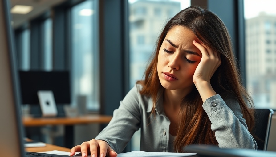Stressed woman at desk showing symptoms of burnout in office environment.