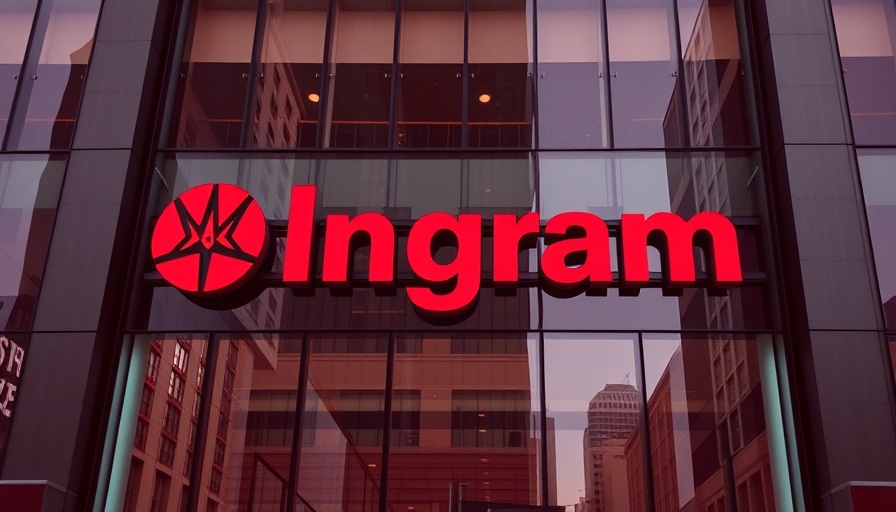 Red-tinted Ingram office building reflecting urban environment.