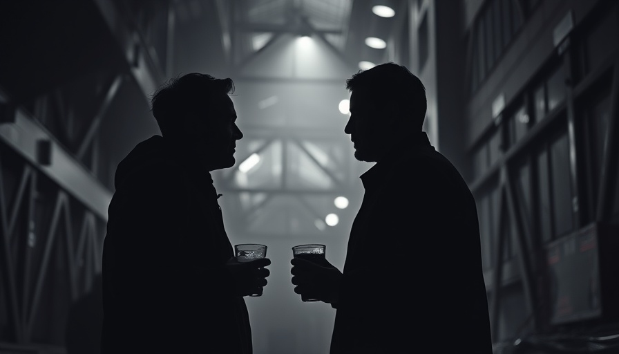 Silhouette of two people in political setting with text overlay.