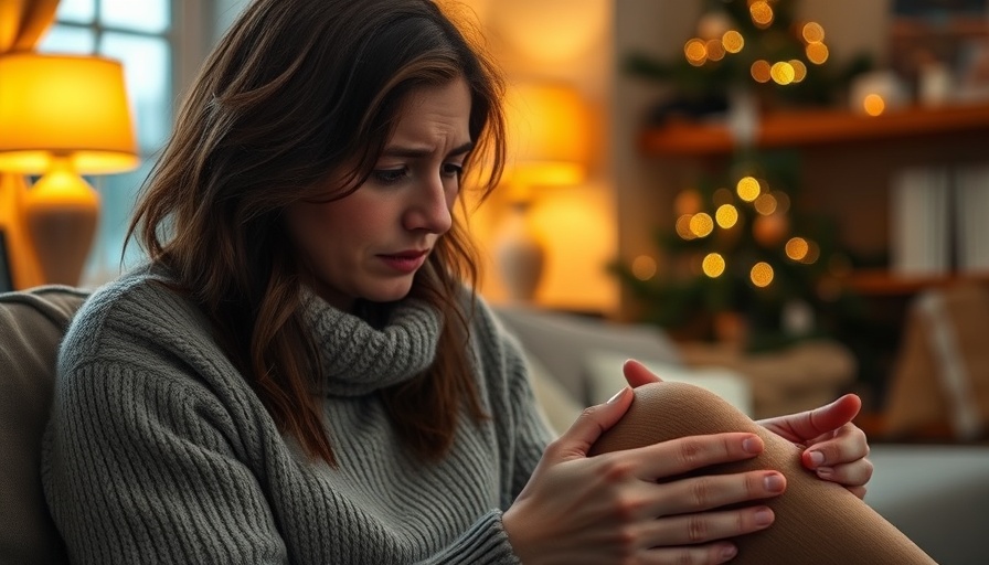 Concerned woman examines cold legs, highlighting health concerns.