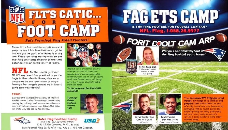 NFL Flag Football Camp flyer detailing free camp with retired NFL players.