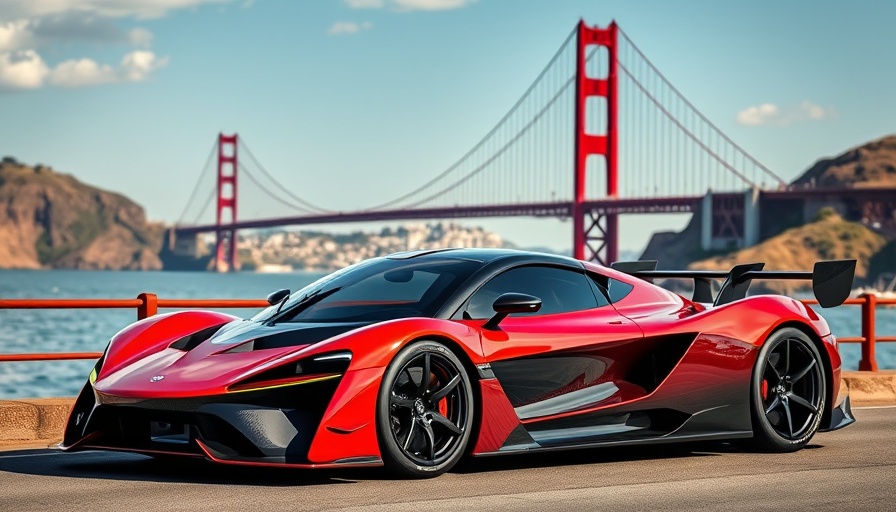 Sleek electric race car near Golden Gate Bridge with dynamic design.