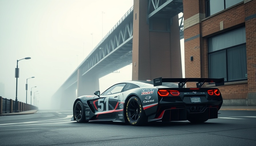 Electric NASCAR vehicle parked near a foggy bridge, highlighting electric motorsport advancements