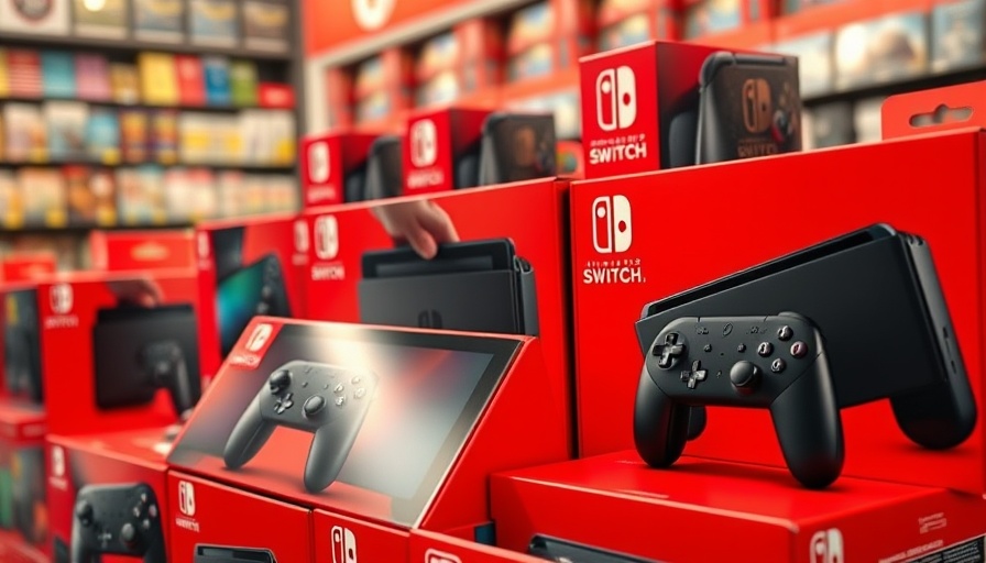 Nintendo Switch boxes stacked on display in a store.