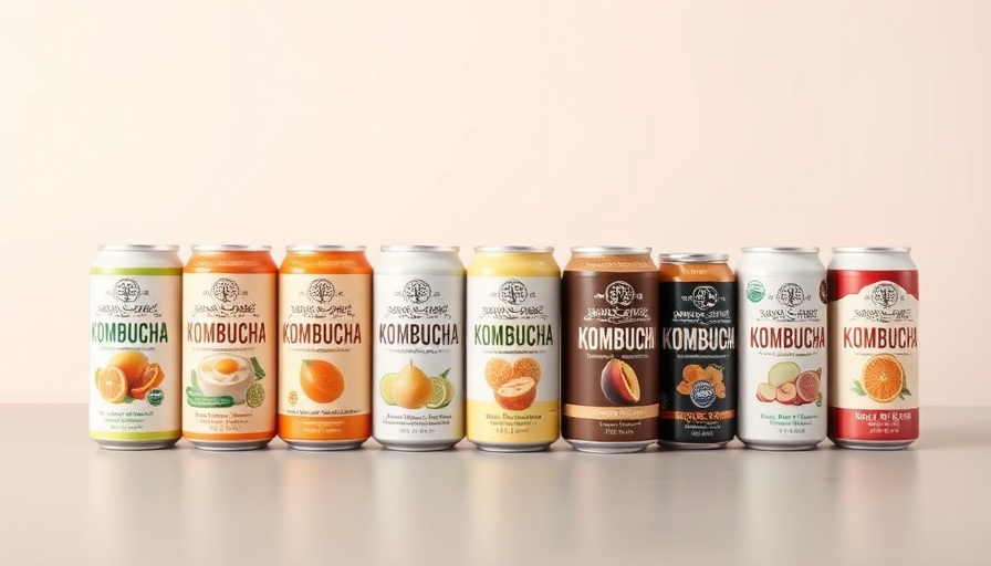 Assorted kombucha flavors lined up on a table, highlighting brand diversity.