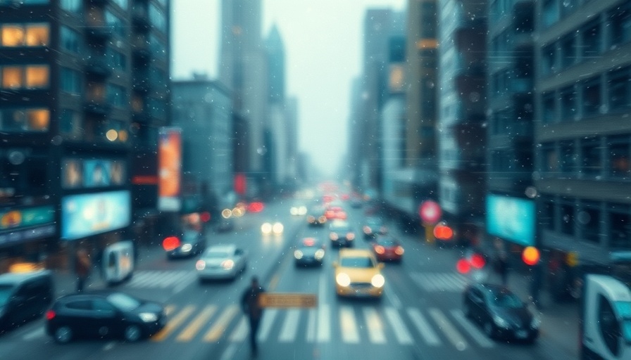 Abstract visual snow effect with static noise, cityscape background.